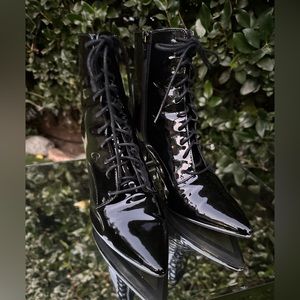 Calvin Klein pointy toe black patent leather boots